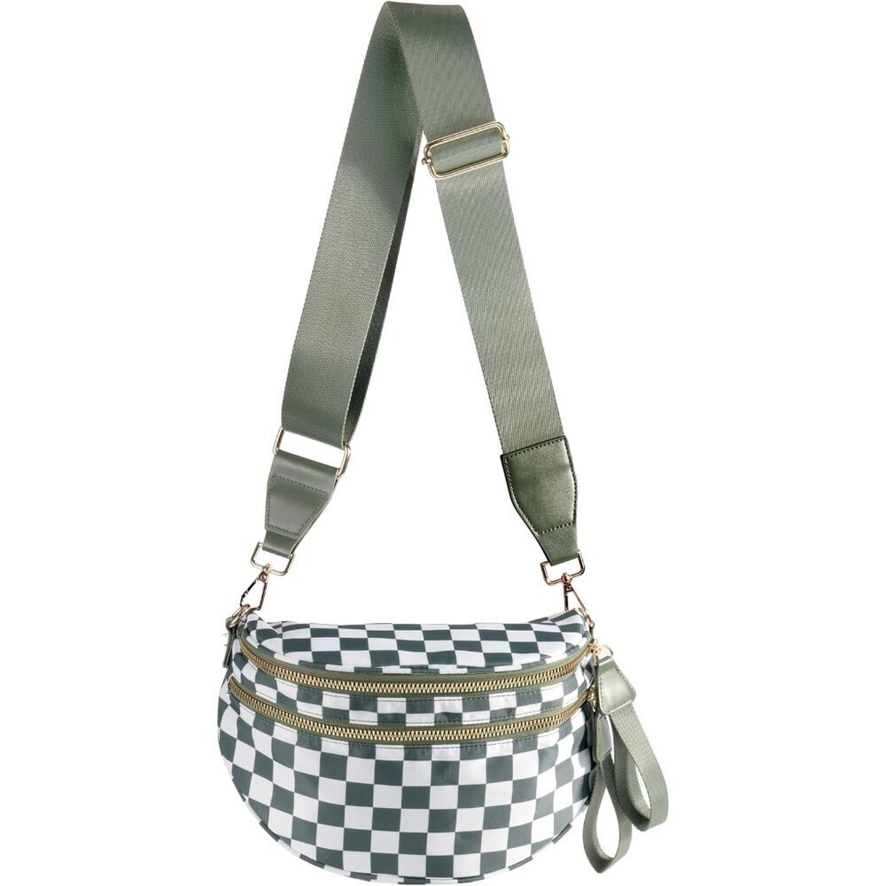 〽️Women's Green White Nylon Checkered Classic Adjustable Strap Crossbody Bag